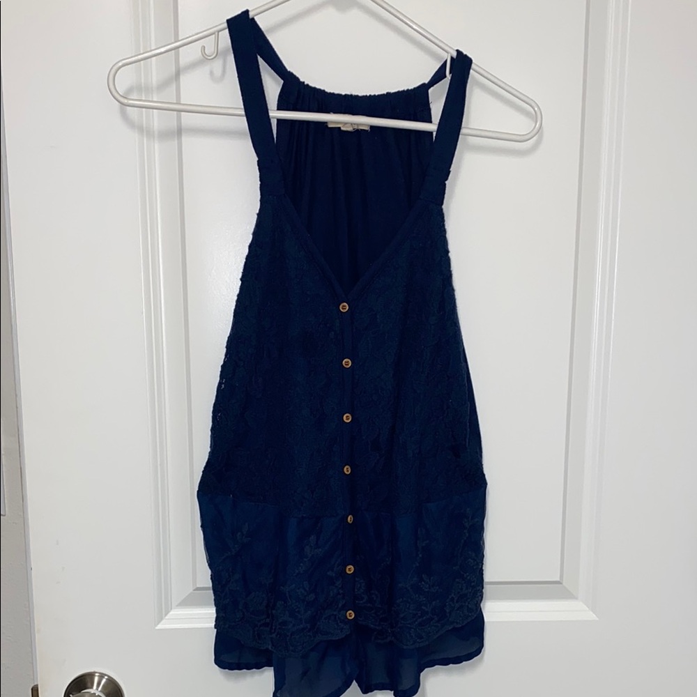 Blue Lace Button-Down Blouse